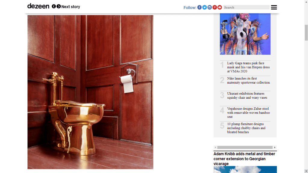 SGT: https://www.dezeen.com/2019/09/16/maurizio-cattelan-gold-toilet-blenheim-palace-news/