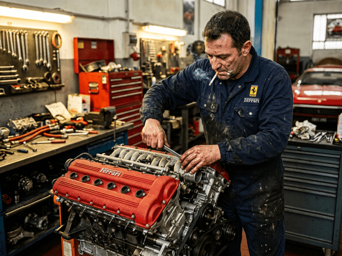 Mechanic in blue coveralls working on a red Ferrari engine in a garage.