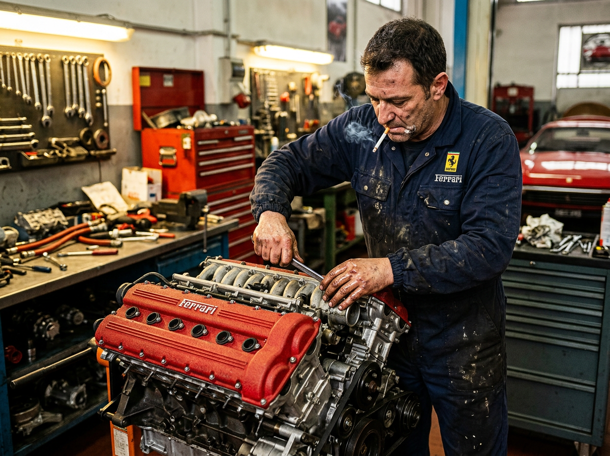 Mechanic in blue coveralls working on a red Ferrari engine in a garage.