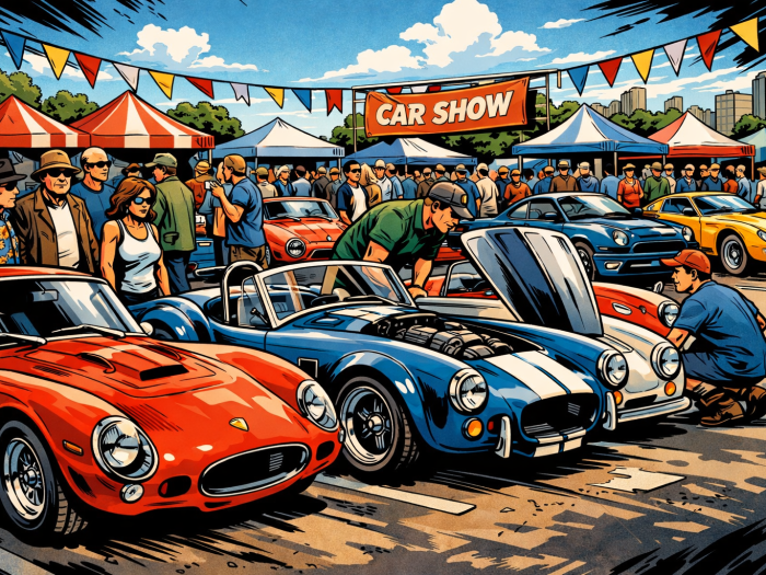 Vintage sports cars displayed at an outdoor car show with visitors inspecting them