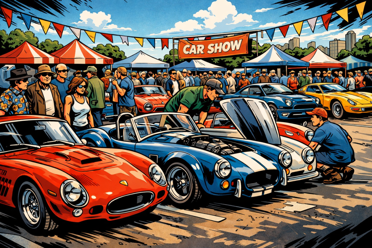Vintage sports cars displayed at an outdoor car show with visitors inspecting them