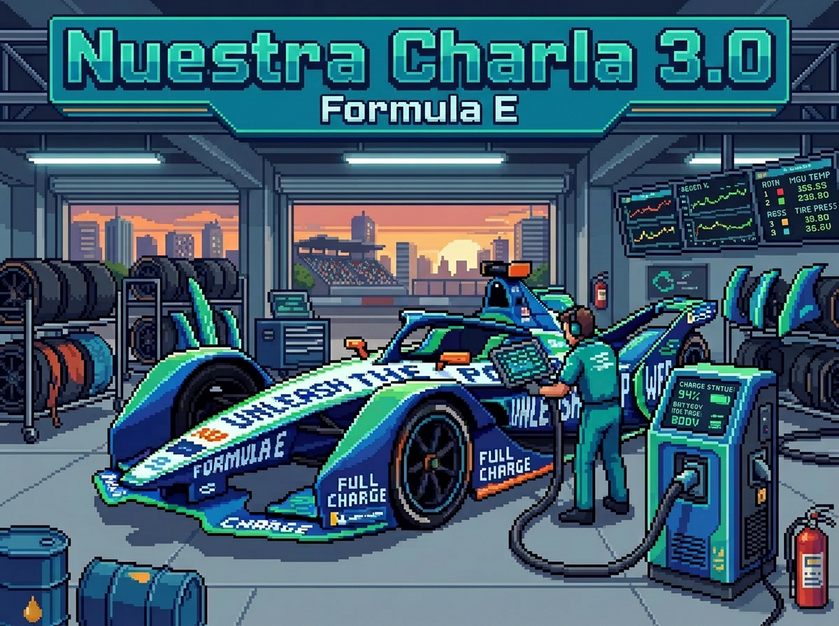 Pixel art of a Formula E car being charged by a mechanic in a garage with tire racks and data monitors