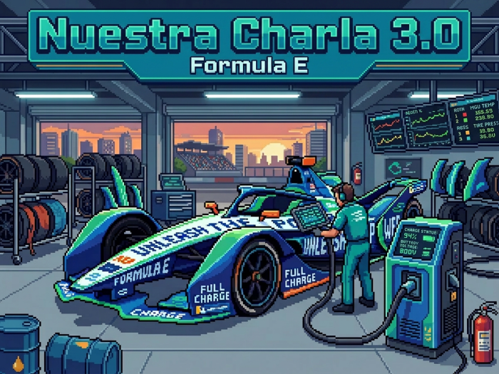 Pixel art of a Formula E car being charged by a mechanic in a garage with tire racks and data monitors