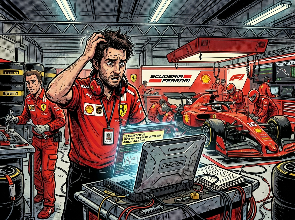 Ferrari F1 team engineer frustrated by telemetry errors during car maintenance in garage