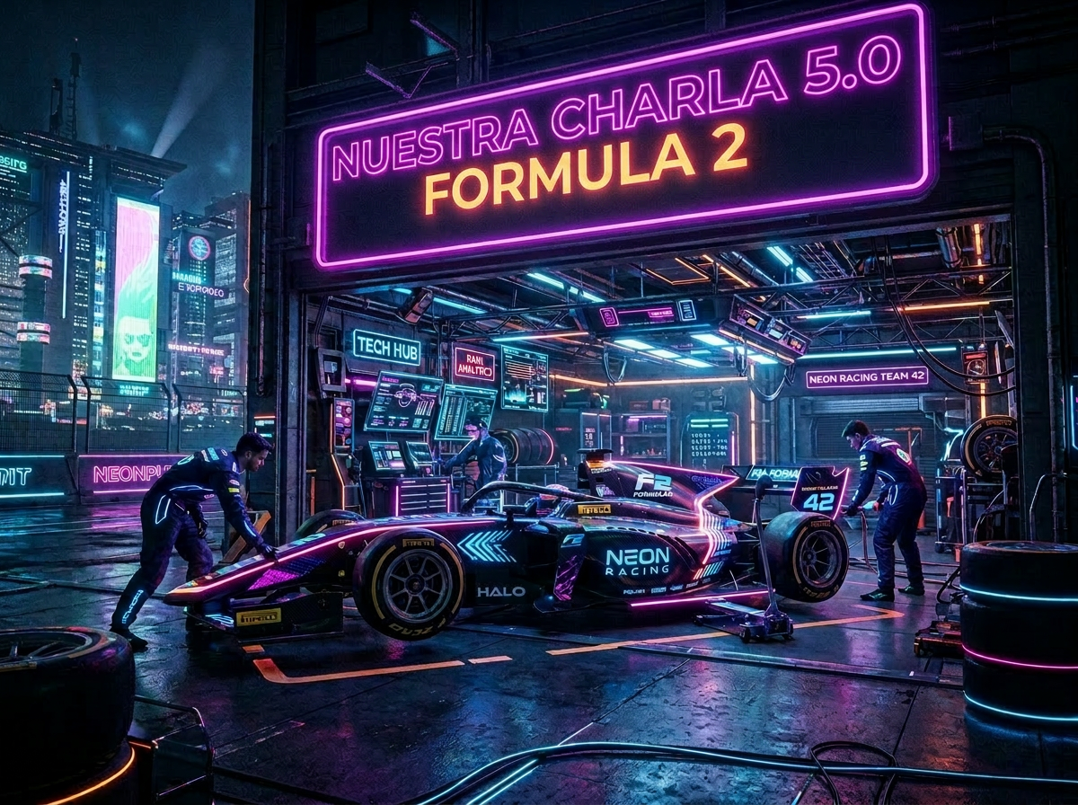 Formula 2 race car in neonpunk garage with crew and digital displays