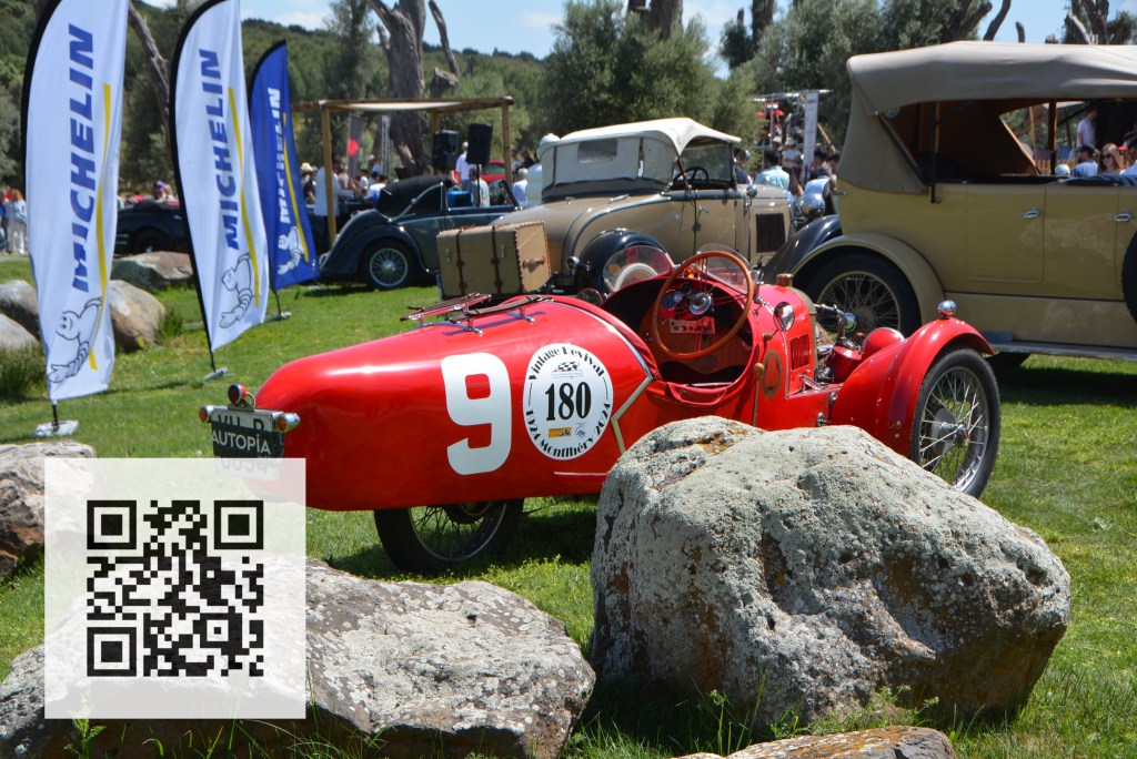 A vintage red racing car with the number 9 prominently displayed, parked on a grassy area with large rocks and a crowd in the background. Michelin flags are visible alongside other classic cars.