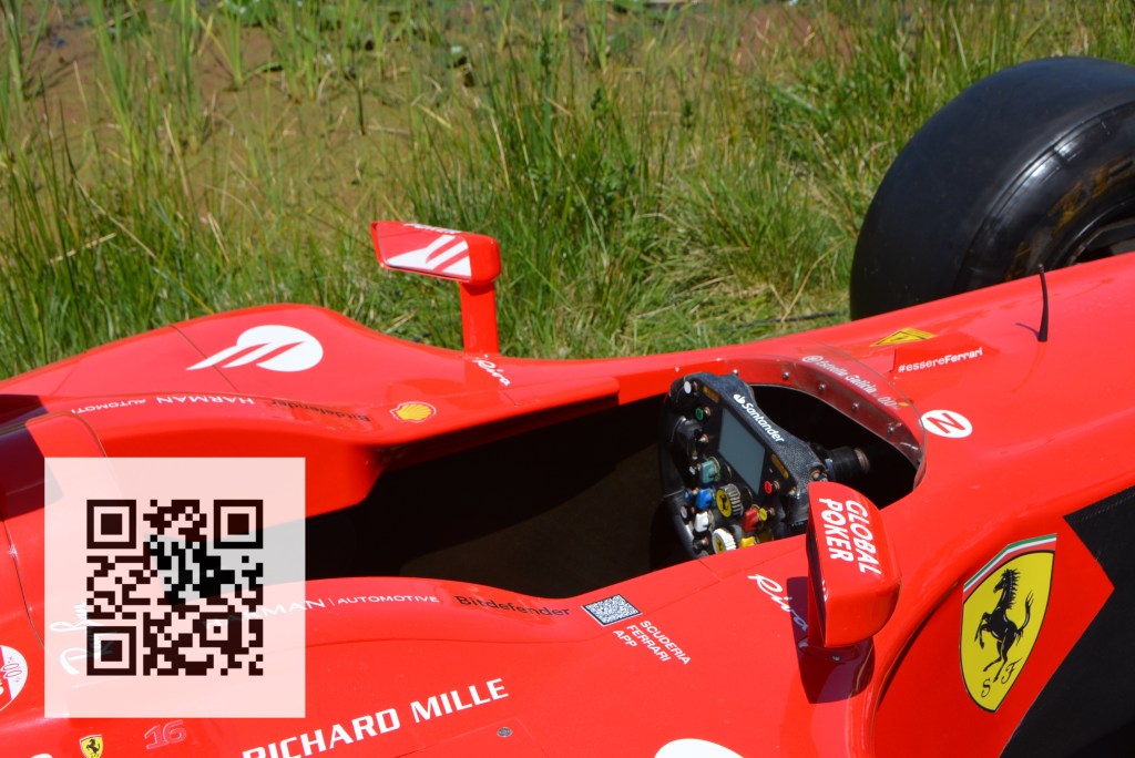 Close-up view of a red Formula 1 car's cockpit with visible steering wheel and control elements, surrounded by grass.