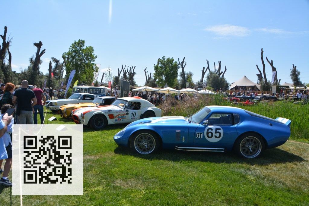 A collection of classic sports cars displayed at an outdoor event, with a blue car labeled 'GT 65' prominently featured in the foreground. People are gathered in the background enjoying the festival atmosphere.