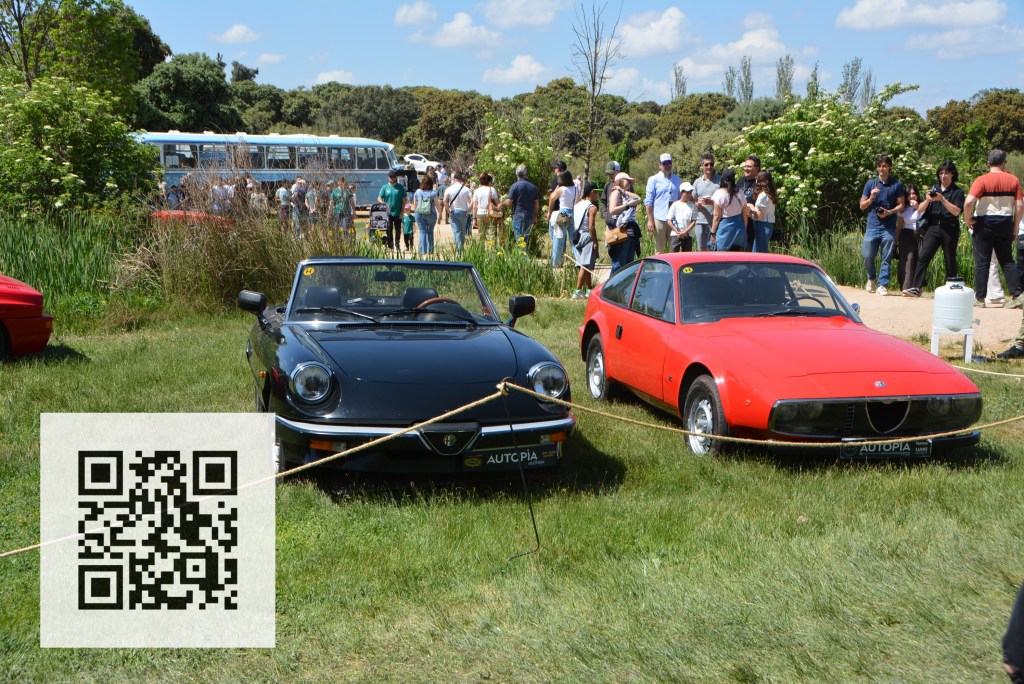 A classic car show featuring a black convertible sports car and a red coupe parked on green grass, with a crowd of people in the background and a QR code in the foreground.