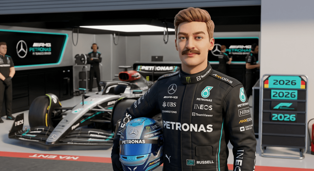 Formula 1 driver in Mercedes suit holding helmet in the garage with Mercedes car in the background