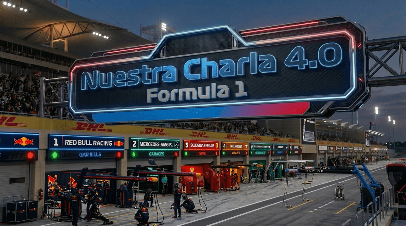Formula 1 pit lane with multiple teams servicing cars during Round 1 at Bahrain International Circuit in 2026