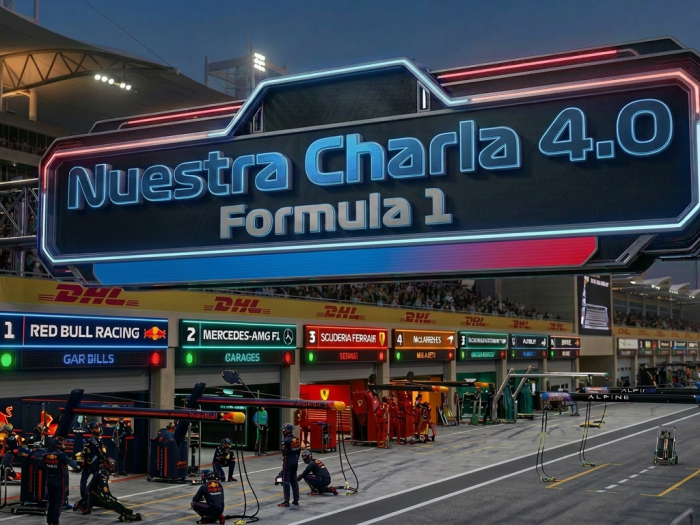 Formula 1 pit lane with multiple teams servicing cars during Round 1 at Bahrain International Circuit in 2026