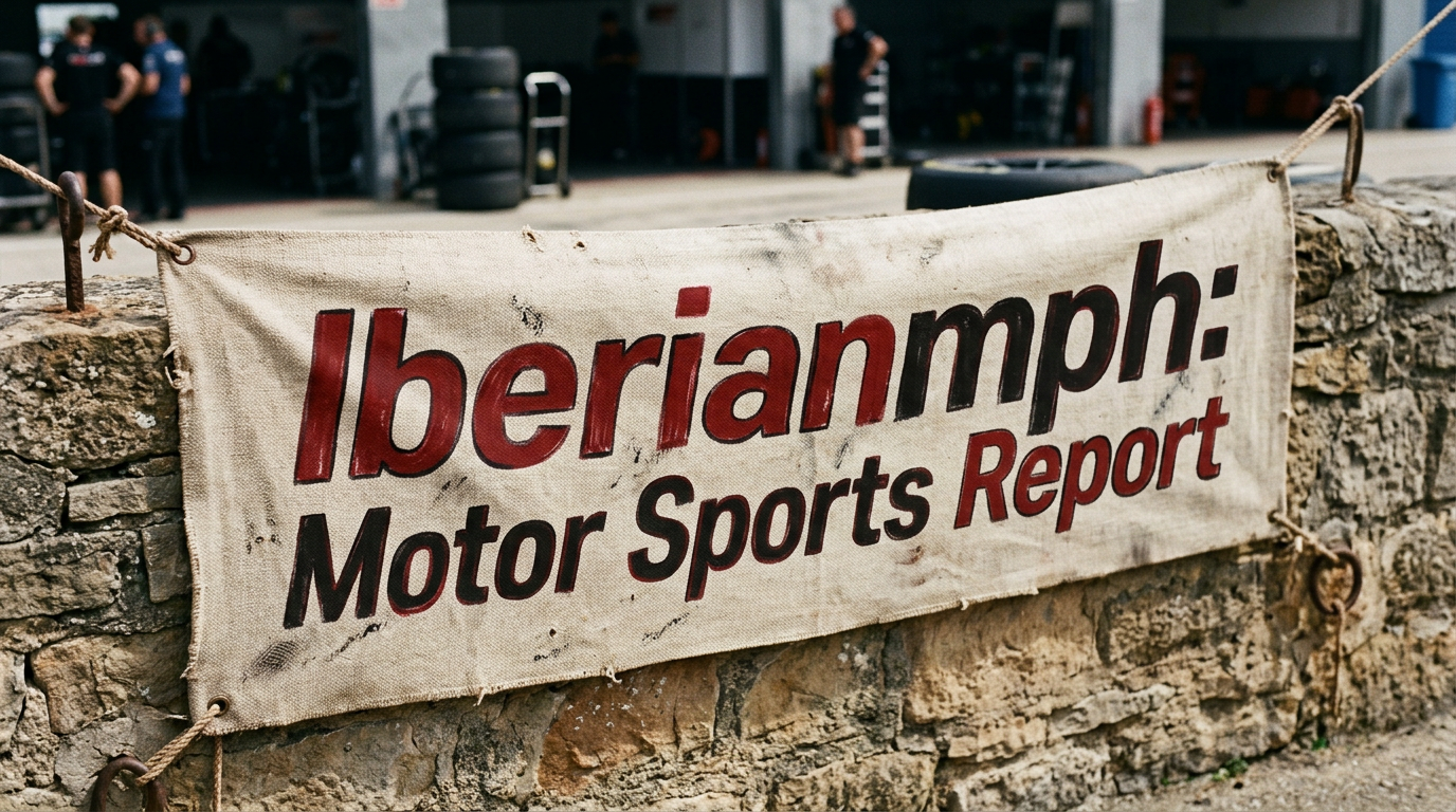 Banner with text 'Iberian mph: Motor Sports Report' hung on stone wall