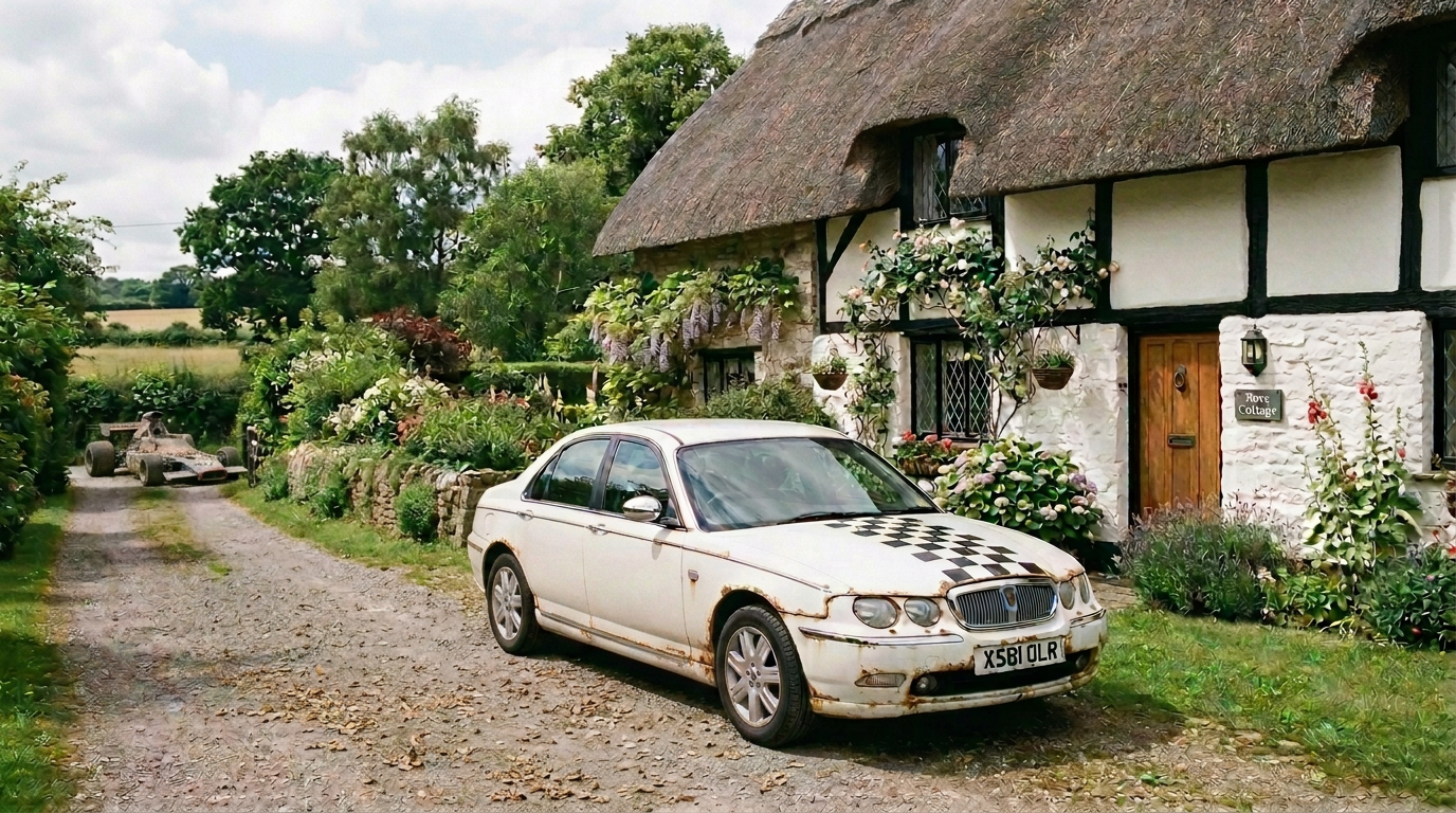 White classic sedan parked on a gravel driveway next to a traditional English cottage with thatched roof and flower gardens