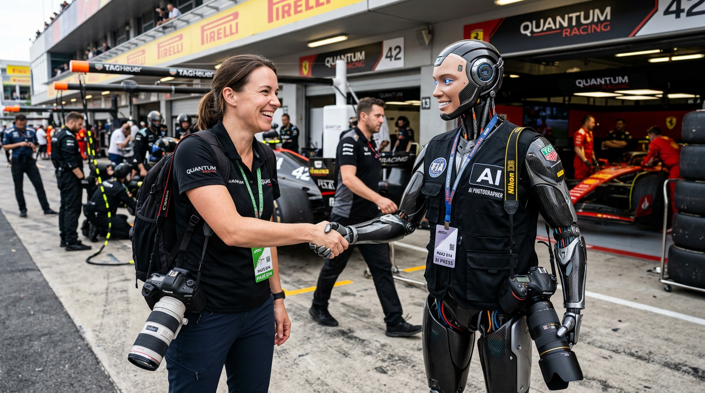 Photographer shaking hands with humanoid AI beside Formula One pit garage