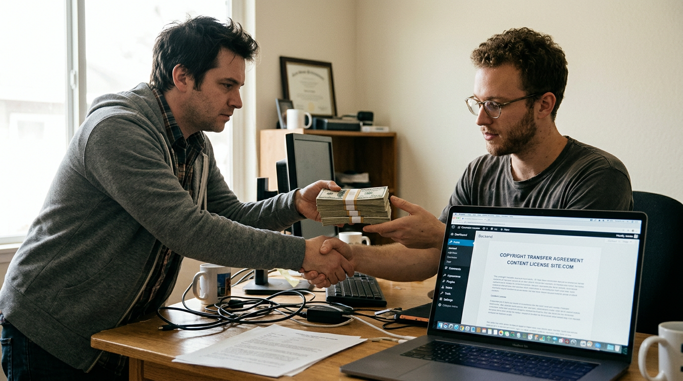 Two men shake hands while exchanging cash beside a laptop displaying a copyright transfer agreement.